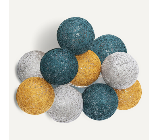 Guirlande Lumineuse LED 10 Boules Coton - 2 Mètres - Vert Menthe, Marron, Blanc - Piles AA