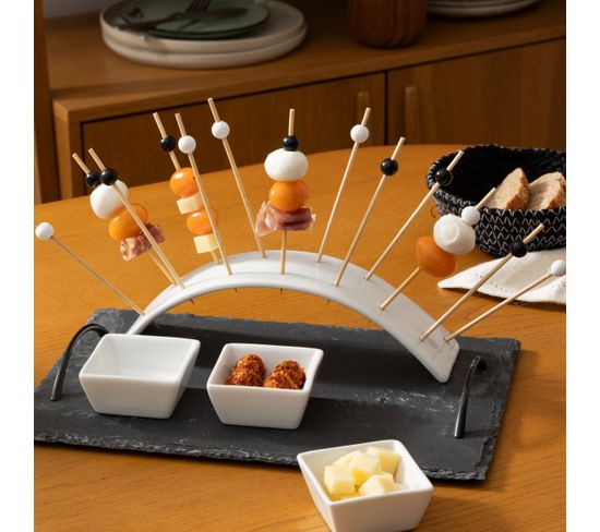 Set Apéritif 14 Pièces Secret De Gourmet - Plateau Rond Rotatif 27 Cm Naturel En Porcelaine Et Bois