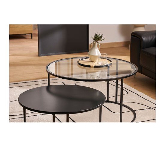 Lot De 2 Tables Basses Rondes Empilables GrandCA HOME - Plateau Verre Trempé, Pieds Métal Doré - Salon - 3