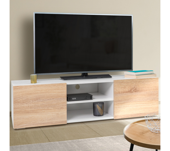 Meuble TV 140 Cm ELI Bois Et Blanc - 2 Placards, 1 Abattant, Niche Ouverte, Pour TV Jusqu'à 60 Pouces