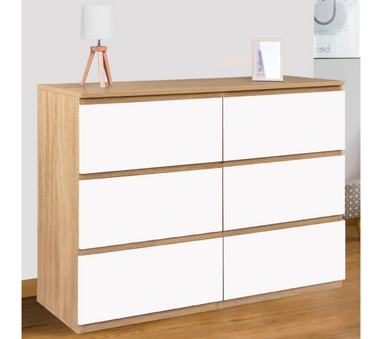 Commodes 6 Tiroirs TOMI 110 Cm - Blanc Et Gris | Rangement Chambre Ou Bureau