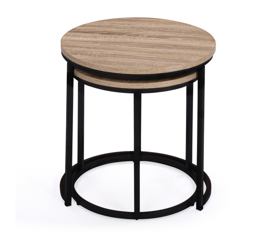 LIFA LIVING Lot De 2 Tables Basses Gigognes Rondes - Bois Hévéa & Métal Noir, Design Industriel Chic
