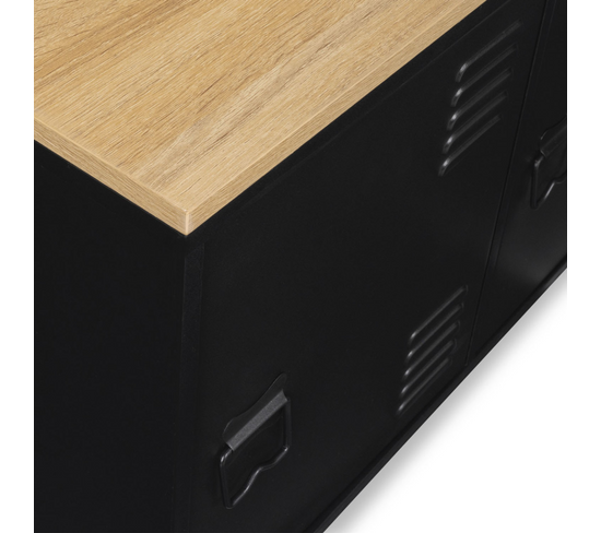 Buffet Bas Industriel Ester 113cm - 3 Portes Métal Noir, Plateau Bois Vieilli, Rangement Spacieux