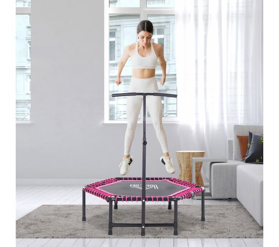 Trampoline De Fitness HOMCOM Pliable 122 Cm - Élastiques Bungee Confortables + Guidon Réglable 122-138 Cm Rose Noir - Idéal Pour La Maison