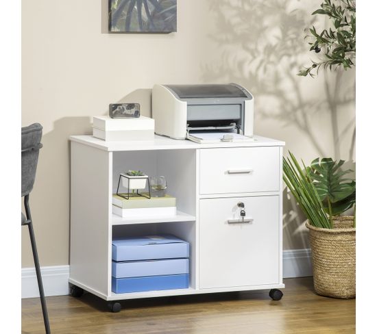 Support Imprimante Roulant SoBuy Avec Tiroirs - Meuble Bureau Mobile Blanc 60x35x70 Cm - Rangement Organisé