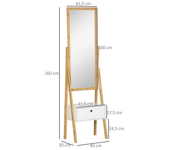 Miroir Sur Pied Porte D'armoire Bois 165x65cm Fin XXe