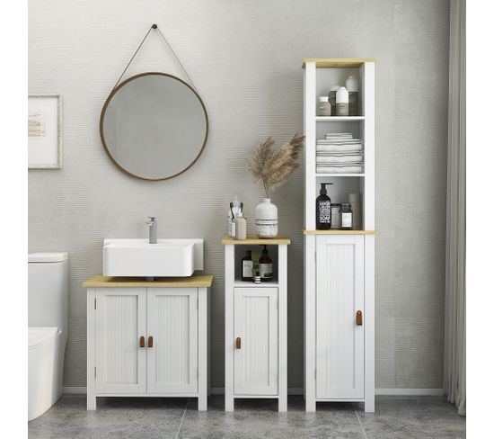 Meuble Colonne Salle De Bain Suspendu TOMI | 2 Portes + 1 Niche | Hêtre & Blanc | 30x30x170 Cm | Fixation Murale Ou Pose Au Sol