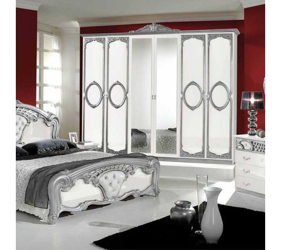 Chambre Complète 160x200 Blanc/argent - Clotilde N°2 - Lit + Armoire