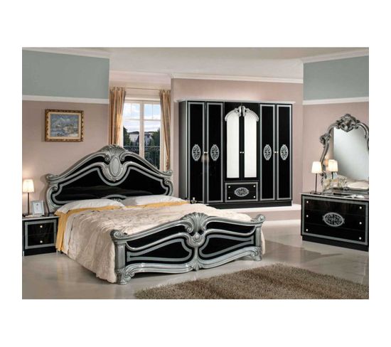 Chambre Complète 160x200 Noir/argent - Tiana - Lit + Armoire + Commode