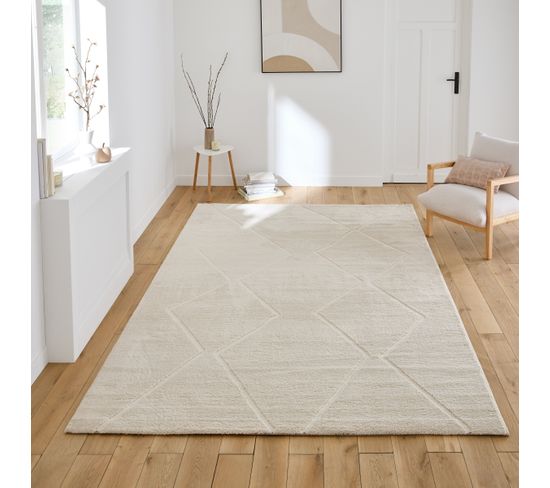 Tapis Grand Salon 200x290 Tissé Beige Et Bleu Rectangle Motif Geometrique 89753705