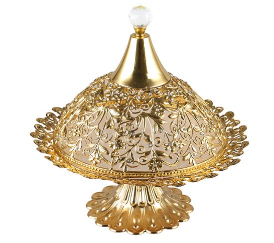 Presentoir A Patisseries Sur Pied De Style Oriental En Metal Dore Avec Assiette En Porcelaine Moule A Gateau Patisserie But