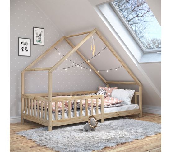 Lit Cabane Enfant CORA IDIMEX - Bois Pin Massif Lasuré Blanc, 90x190cm, Design Asymétrique Montessori