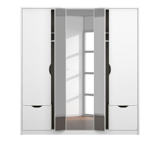 Armoire Rauch Norwich 5 Portes, 2 Tiroirs - Blanc/Gris Métallisé, 136x197x54 Cm - Penderie Modulable Avec Miroir Optionnel