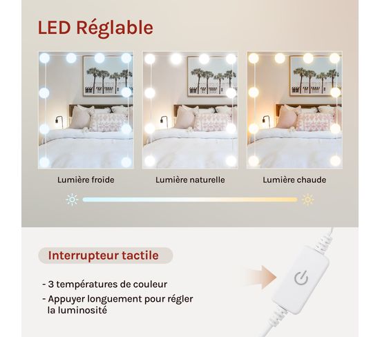 Coiffeuse Avec Miroir LED Lumineux - 6 Tiroirs, 4 étagères, Rangement Max | Blanc Design - 7