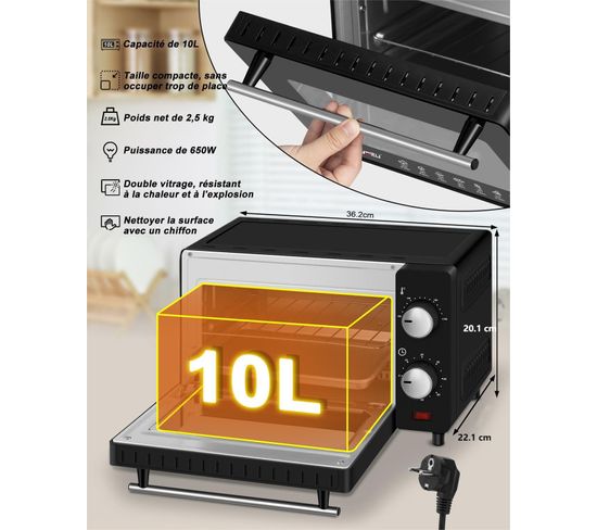 Mini Four électrique WOLTU 10L - 4 Modes (cuisson, Grill, Chauffage, Décongélation) - 650W, 100-230°C, Minuterie