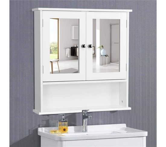 Armoire Toilette Avec Miroir Murale Double Porte Avec 2 Etagères Meuble à Miroir De Salle De Bain En Bois Mdf Blanc Armoire Toilette Avec Miroir Murale Double Porte Avec 2 Etagères Meuble à Miroir De Salle De Bain En Bois Mdf Blanc