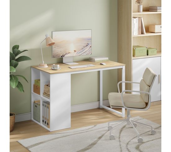 Bureau D'Ordinateur URBNLIVING 115x72x49 Cm - 3 Tiroirs/3 Étagères, Chêne/Noir/Blanc/Gris