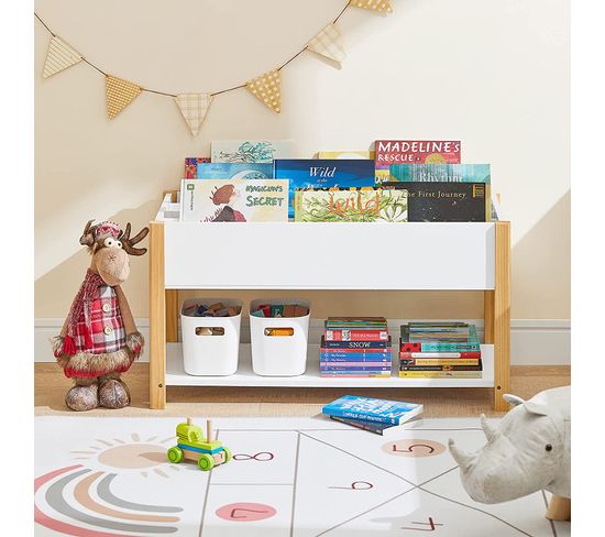 Bibliothèque Enfant 70x30x80 Cm - Blanc - 3 étagères + 2 Cubes - En Bois - Capacité 15 Kg