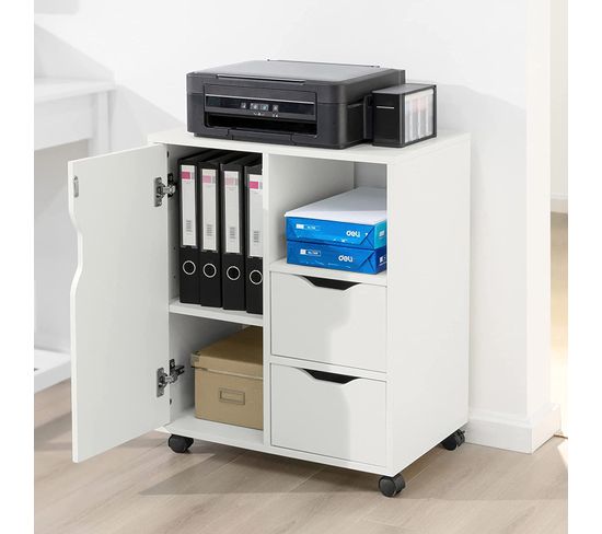Caisson De Bureau Roulant SoBuy - 72x40x54cm - Blanc - 2 Compartiments + Tiroir - Support Imprimante
