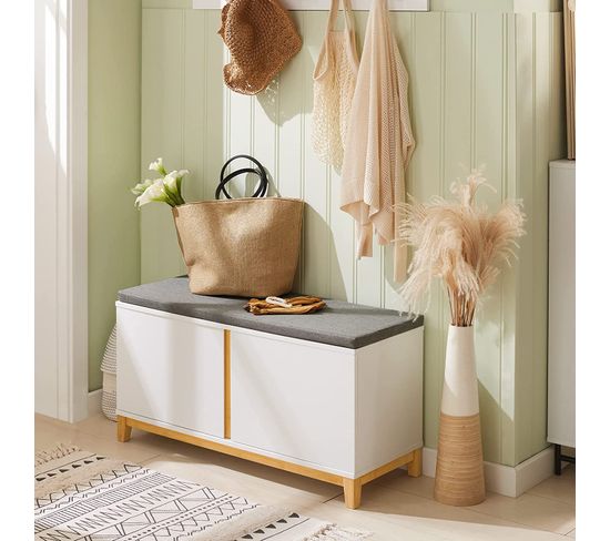Banc à Chaussures En Bambou Avec Siège Rembourré - Rangement Pour 4 à 8 Paires, 50/70x32x45 Cm - 5