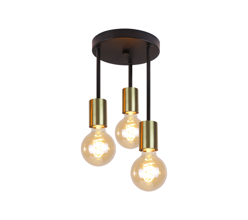 Plafonnier 3 Spots E27 Suspendu Vintage Noir Or Avec Lustre Industriel Moderne