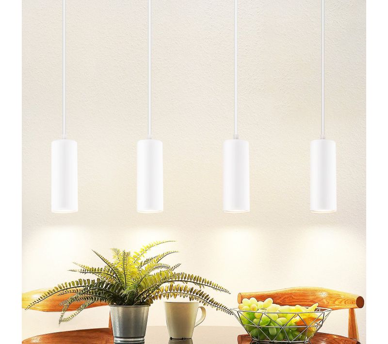 Suspension 4 Flamme Bois Gu10 Blanc Réglable Hauteur Moderne