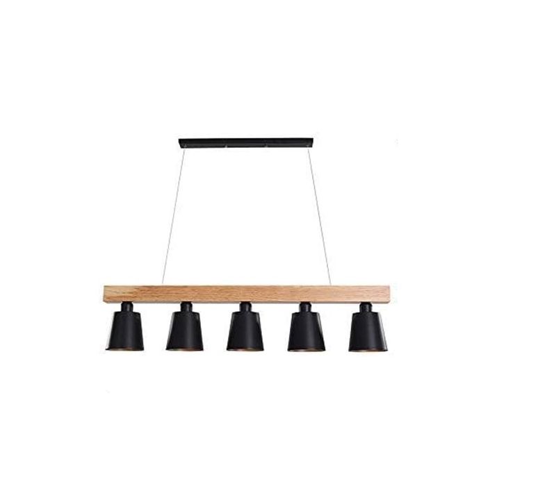 Suspension E27 Avec 5 Flammes Industrielle En Bois Et Métal Hauteur Réglable Noir