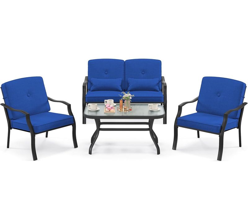 Salon De Jardin 4 Pièces Avec Table Basse En Verre Trempé Et Coussins Charge 300kg (bleu)