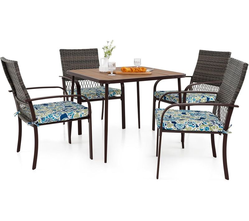 Ensemble De Meubles De Patio 5 Pièces, Salon De Jardin 4 Fauteuils En Rotin Avec Coussins Et Table