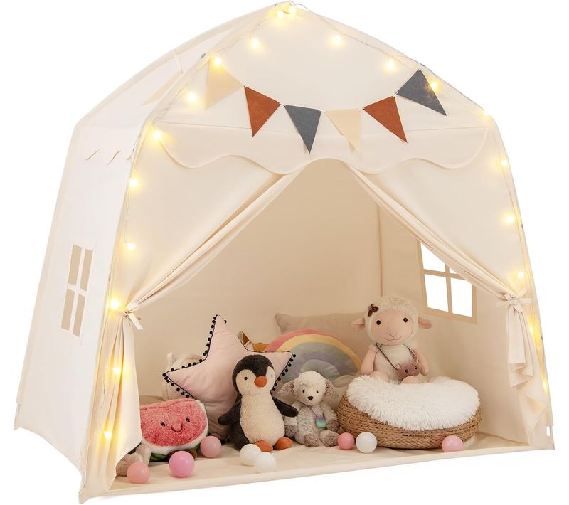 Tente De Jeux Enfant Avec Guirlandes Lumineuses Et Drapeaux, Cabane Enfant Interieure (beige)