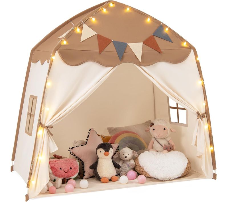 Tente De Jeux Enfant Avec Guirlandes Lumineuses Et Drapeaux, Cabane Enfant Interieure (beige + Café)