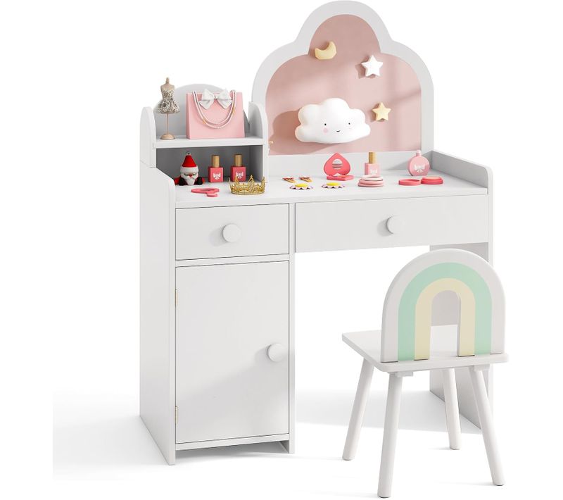 2 En 1 Bureau Enfant Fille Avec Chaise Et Miroir En Forme Nuage, Charge 50kg