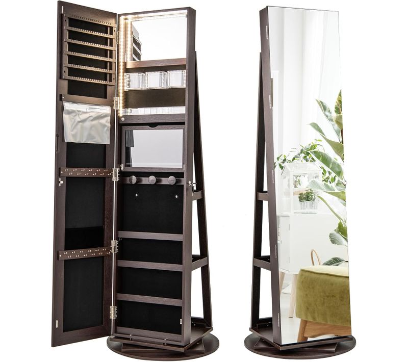 Armoire à Bijoux Pivotante à 360°, Rangement Bijoux Design 3 En 1 Avec Miroir (café,style 1)