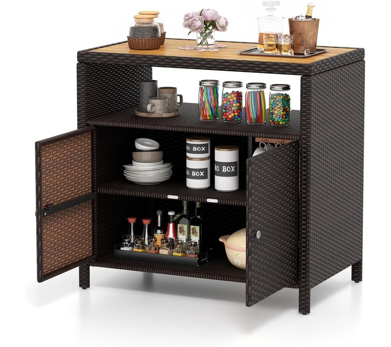 Armoire De Rangement Exterieur En Rotin, Armoire De Jardin Avec Plateau En Bois D'acacia (gris)