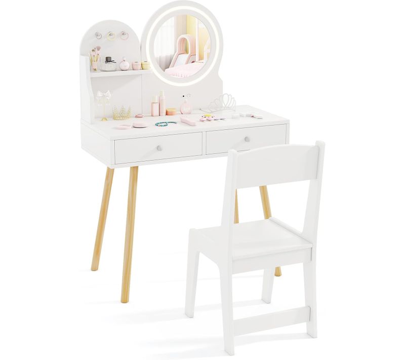 Coiffeuse Enfant Fille Avec Chaise Et Miroir Éclairé LED, Bureau Enfant Fille, Charge 50/75kg, Blanc