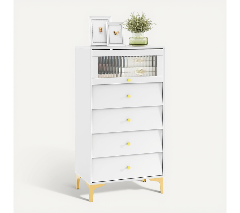 Commode Chambre, Armoire Cuisine Avec Porte En Verre Strié Basculante, Tiroirs (4 Tiroirs)