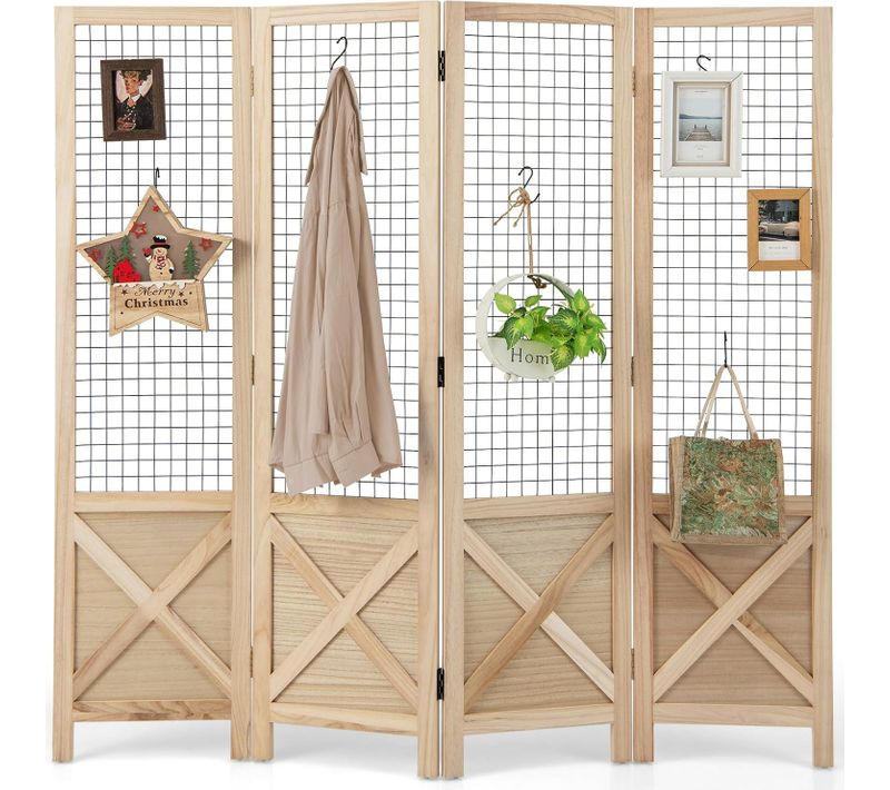 Paravent Interieur 4 Panneaux 151 X 144 Cm, Separateur De Pieces Pliable, Bois En Paulownia, Naturel