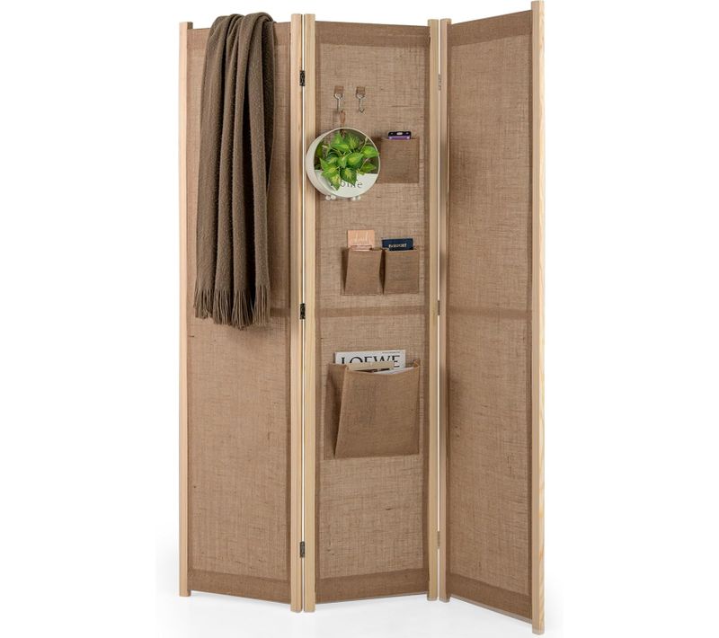 Paravent Interieur 3 Panneaux 121 X 170 Cm, Separateur De Pieces Pliable, Lin Synthétique, Naturel