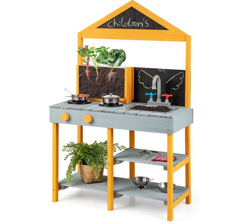 Cuisine Extérieure Enfant Avec Tableau Noir Et Jardinière,evier Amovible,69 X 36 X 110 Cm