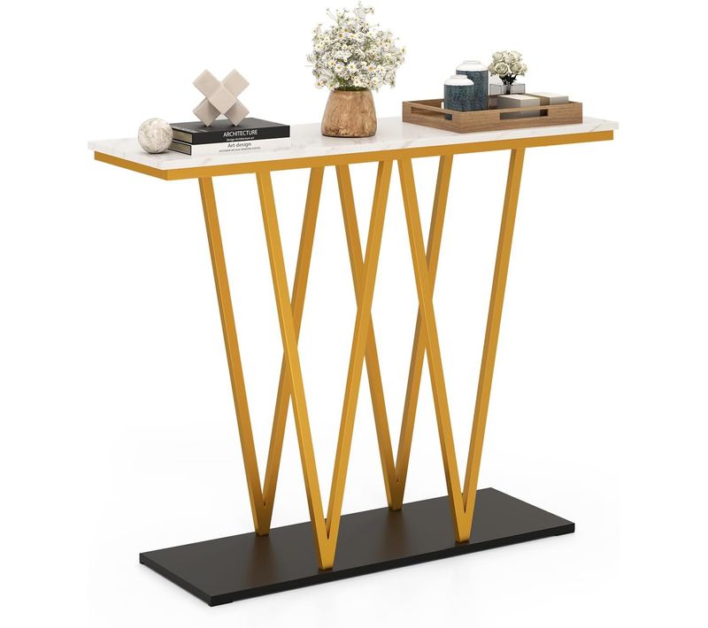 Console Meuble Moderne, Table Console Design Géométrique, Plateau En Marbre Imité, Cadre En Métal