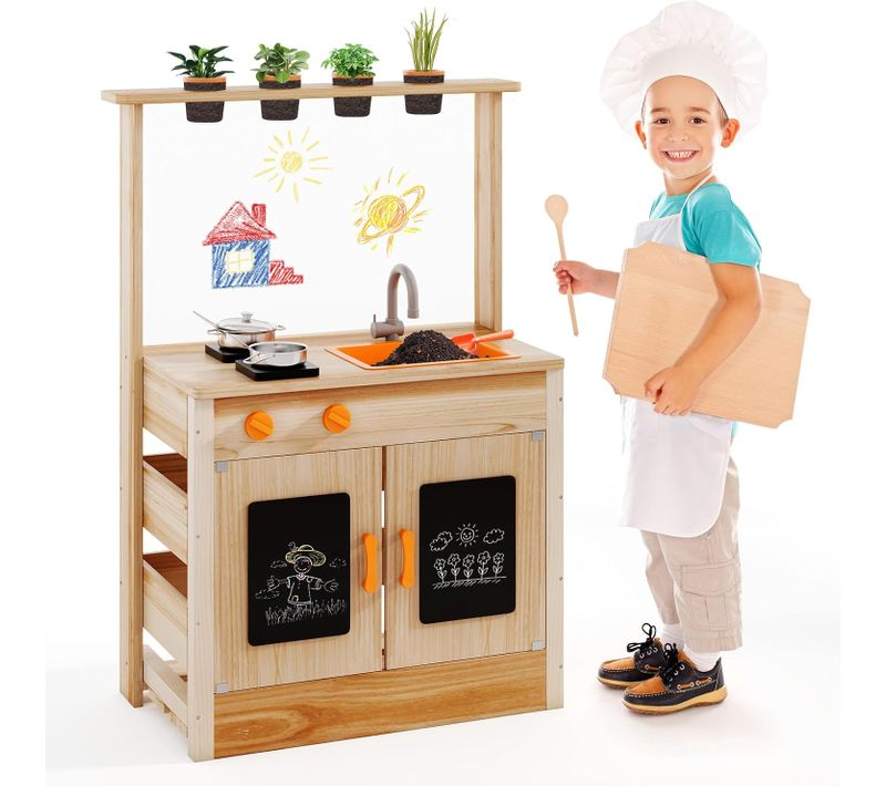 Cuisine Extérieure Enfant Avec Tableau Noir Et Panneau Acrylique, Cuisine De Boue En Bois De Sapin