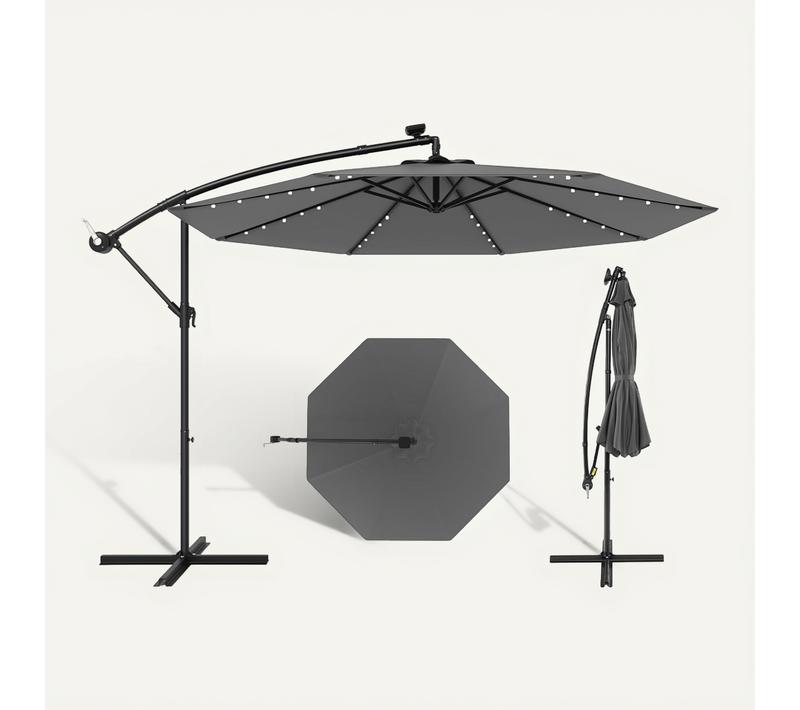 Parasol Déporté Excentré 3m Hexagonale, Avec 40 LED Solaire, Inclinable, 8 Baleines En Métal