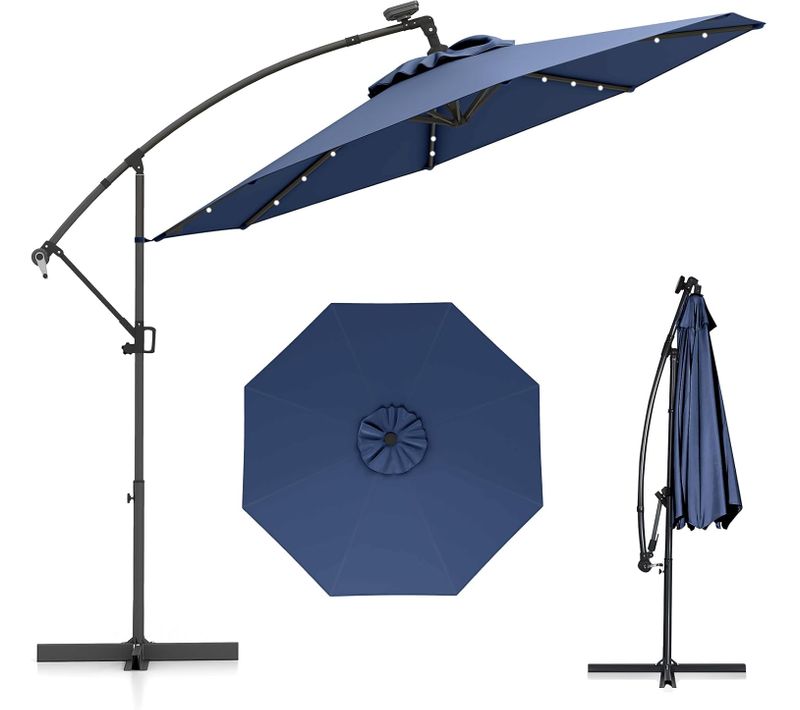 Parasol Déporté Excentré 3m, 32 LED Solaire, Inclinable Et Rotation à 360°, 8 Baleines (marine)