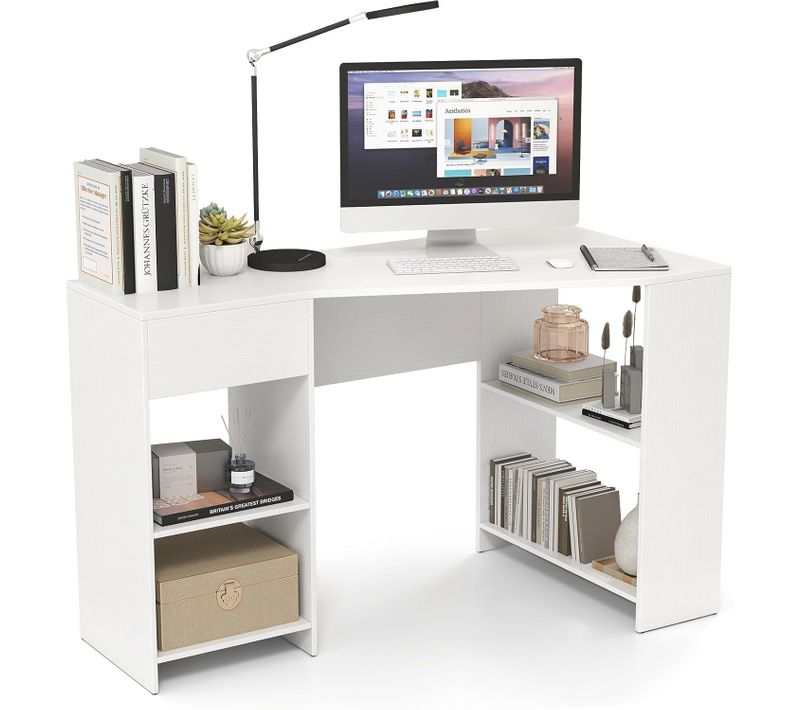 Bureau D'angle En Forme De L, Bureau Informatique 120 Cm Avec Tiroir, Charge 150 Kg, Blanc
