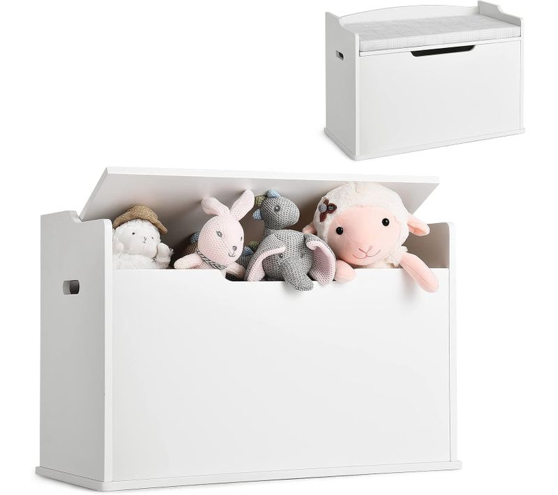 Coffre à Jouets En Bois Avec Coussin Et Couvercle Rabattable, Banc De Rangement Jouet Enfant