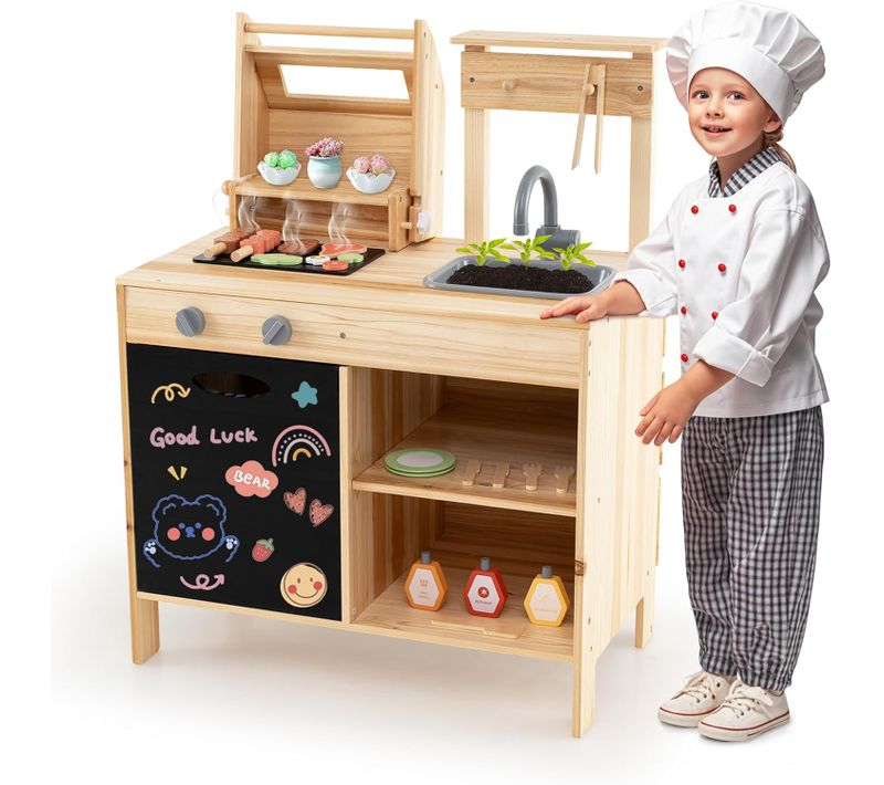 2 En 1 Cuisine Enfant En Bois Avec Jouet Barbecue Et Tableau Noir, Jouet Bbq Grill