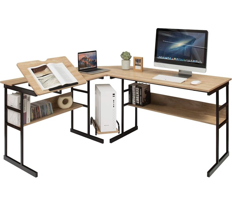 Bureau D'angle 170 X 150 Cm, Bureau En L Avec Plateau Inclinable, Étagère De Rangement, Naturel