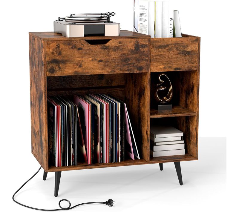 Meuble Tourne-disque Vinyle Avec Prise, Armoire Commode Vinyle Avec Tiroir, 2 Prises, 1 USB