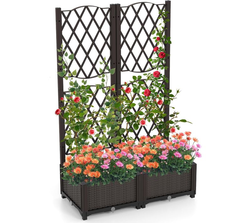 Jardinière Avec Treillis Sur Pied, Double Bac à Fleur Auto-arrosage En Rotin Pp (80 X 40 X 122 Cm)