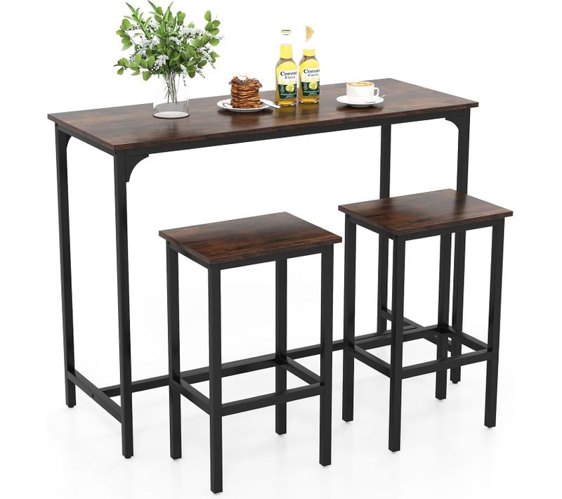 Table Bar Avec Tabouret, Table De Cuisine 2 Personnes Pour Petit Espace, Repose-pied Marron Rustique